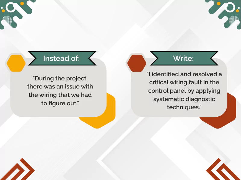 Graphic comparing vague and precise wording in project description for technical clarity and professionalism in Summary Statement Graphic comparing vague and precise wording in project description for technical clarity and professionalism in Summary Statement