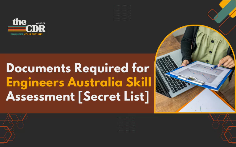 Banner image showing documents required for Engineers Australia Skill Assessment with a laptop, clipboard, and charts