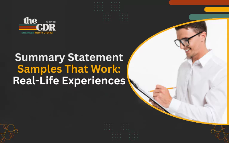 Professional reviewing notes with the title 'Summary Statement Samples That Work' on screen