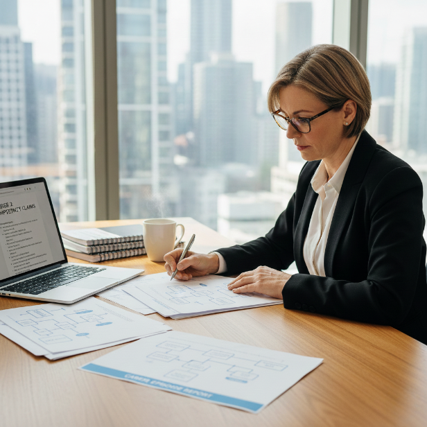 An expert working on EA Stage 2 competency claims writing at her desk with all references.