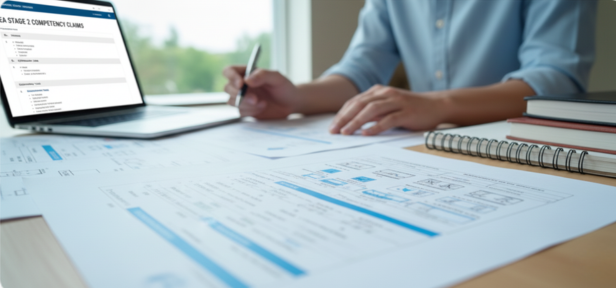 A professional working on EA Stage 2 competency claims writing, making notes while reviewing requirements.