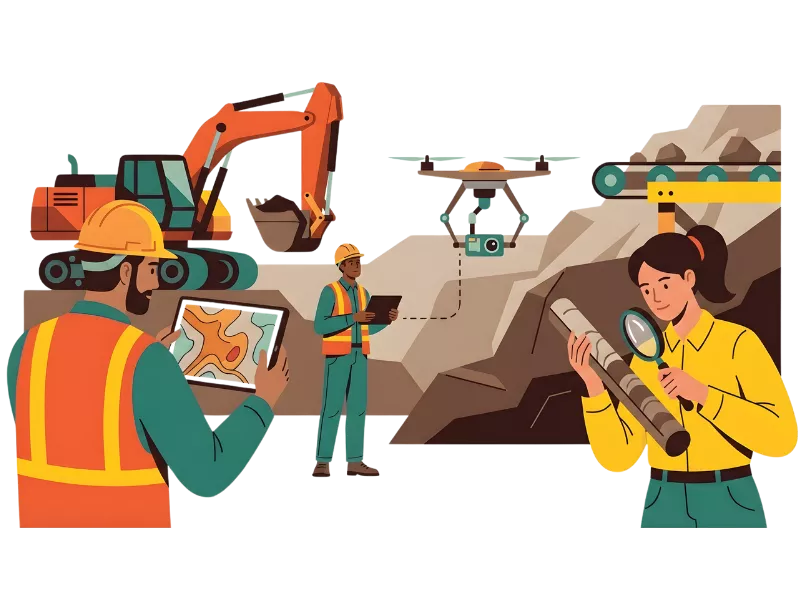Vector illustration showing two mining engineers reviewing site plans surrounded by icons representing various industry tasks