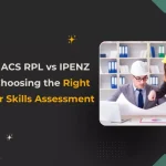 Two engineers reviewing a blueprint in a modern office, illustrating professional collaboration and engineer skills assessment, with the headline CDR vs ACS RPL vs IPENZ KA02: Choosing the Right Engineer Skills Assessment.