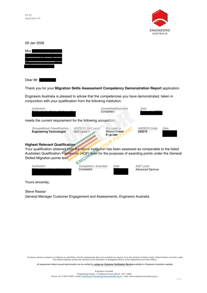 CDR Sample for Geotechnical Engineer (ANZSCO 233212)